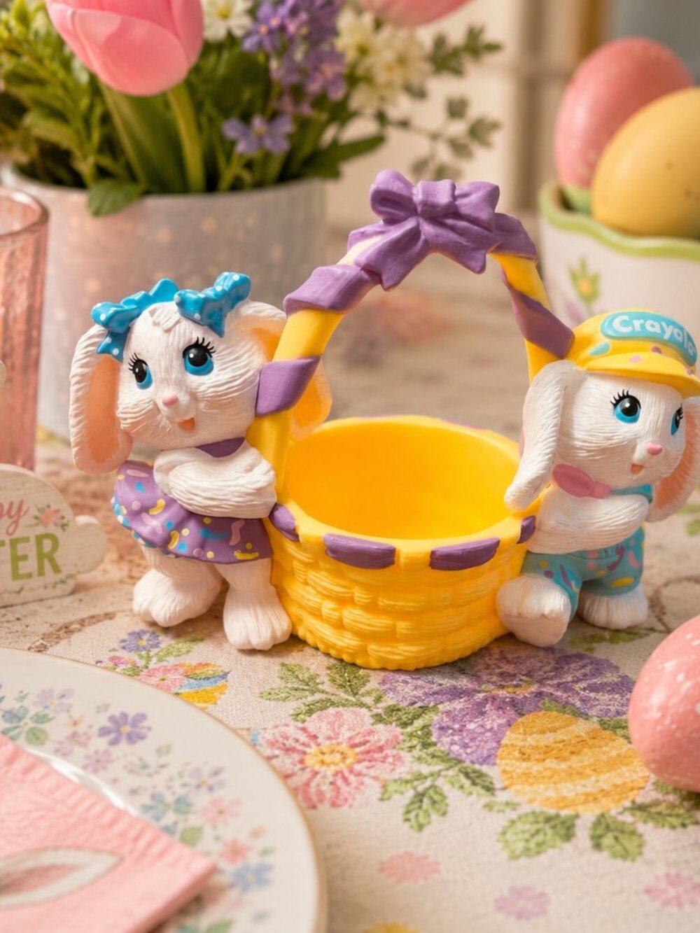 Candy Cotton Tail & Crayola Bunny Hallmark Figurine with Basket – Easter Decor